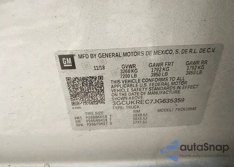 2018 Chevrolet Silverado 1500 2Lt из США, поврежденный, VIN 3GCUKREC7JG635359